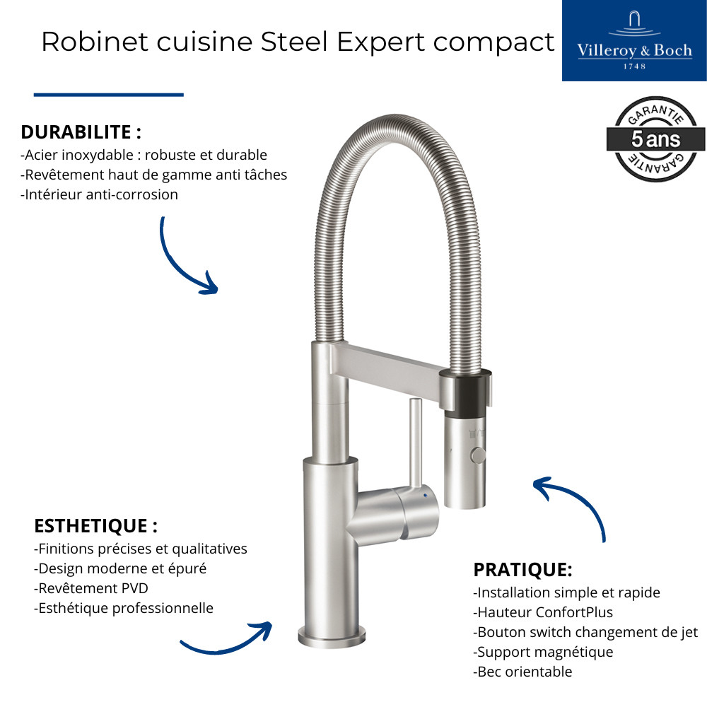 Robinet cuisine VILLEROY ET BOCH Steel expert compact | Batinea
