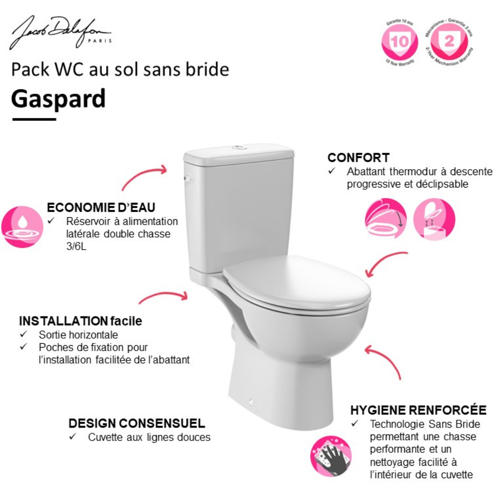 WC à poser sans bride JACOB DELAFON Gaspard + abattant | Economie d'eau | Batinea