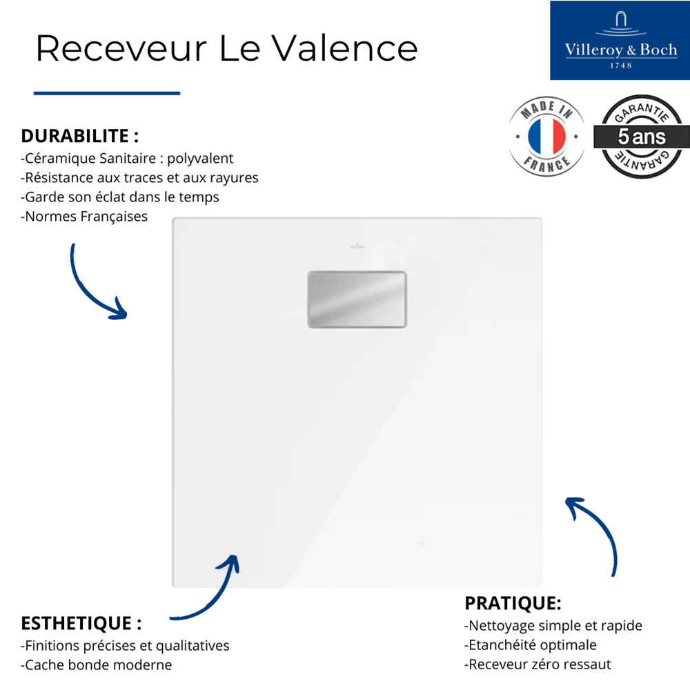 Receveur VILLEROY ET BOCH Le Valence zéro ressaut céramique avec cache-bonde | Batinea