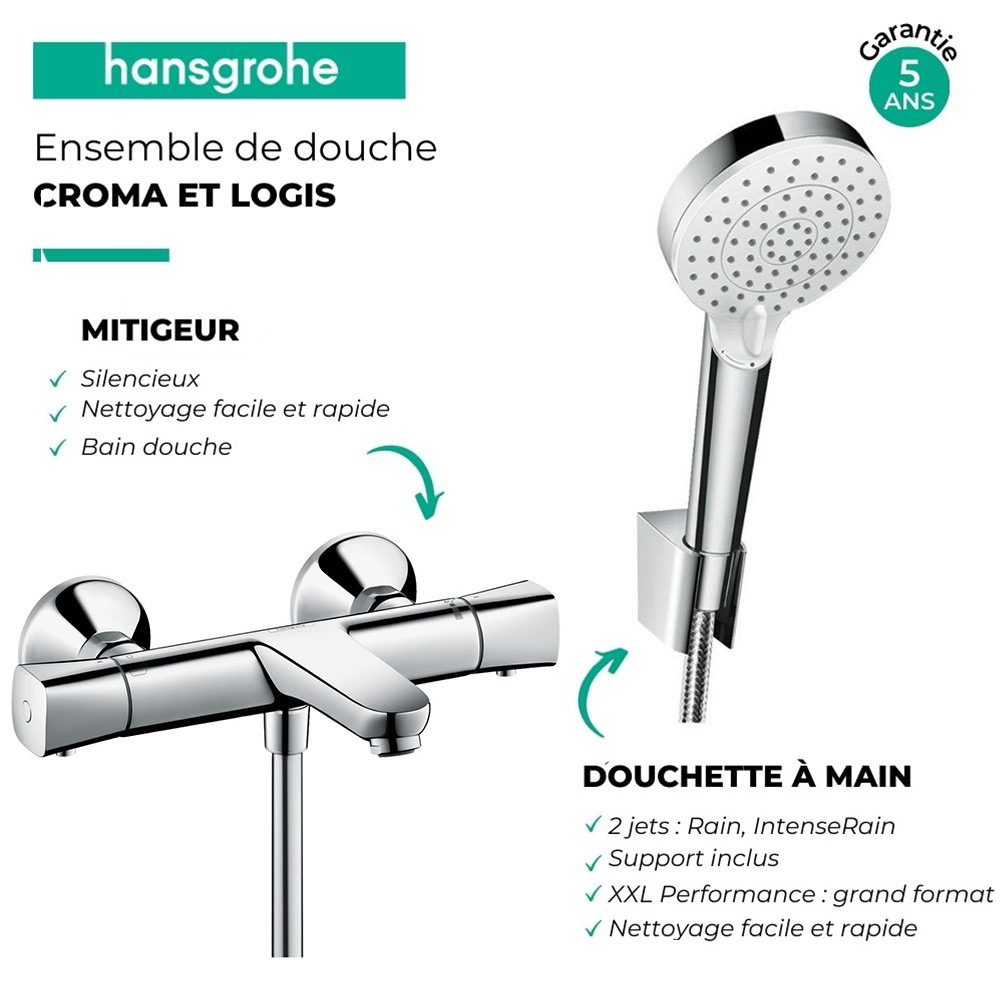 Ensemble douche HANSGROHE Crometta + Mitigeur thermostatique bain douche Ecostat  | Batinea