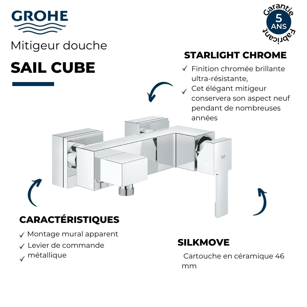 Mitigeur douche mécanique GROHE Quickfix Sail Cube | Batinea