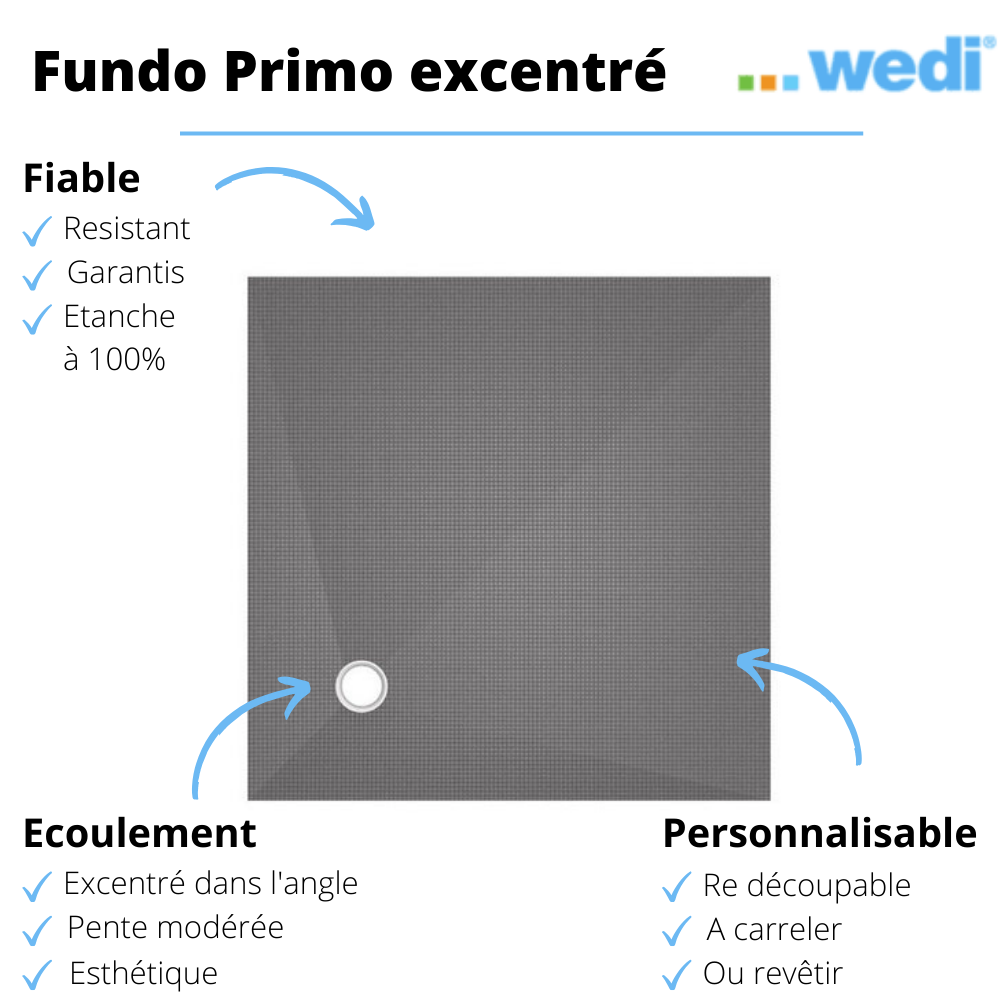 Receveur à carreler WEDI Fundo Primo écoulement centré + bonde verticale + kit d'étanchéité + colle