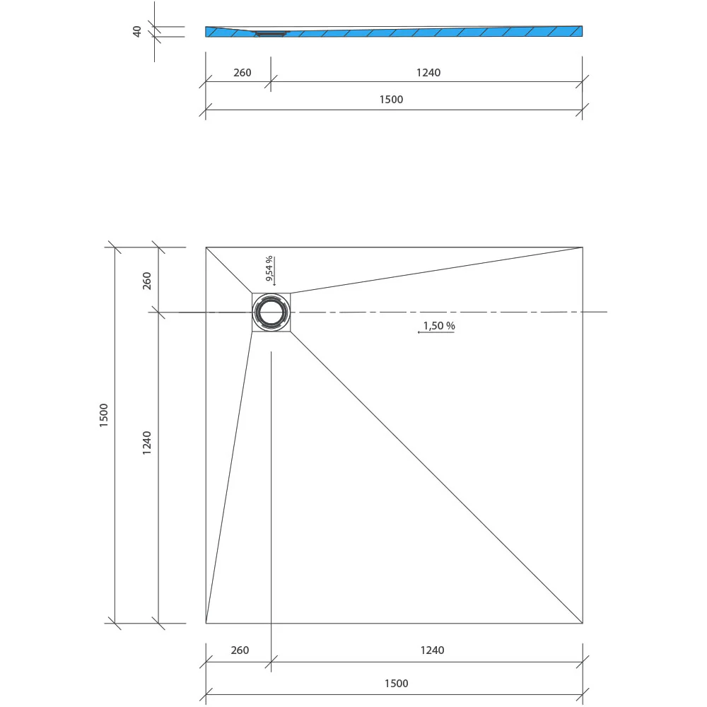 Receveur à carreler WEDI Fundo Primo écoulement centré + bonde verticale + kit d'étanchéité + colle