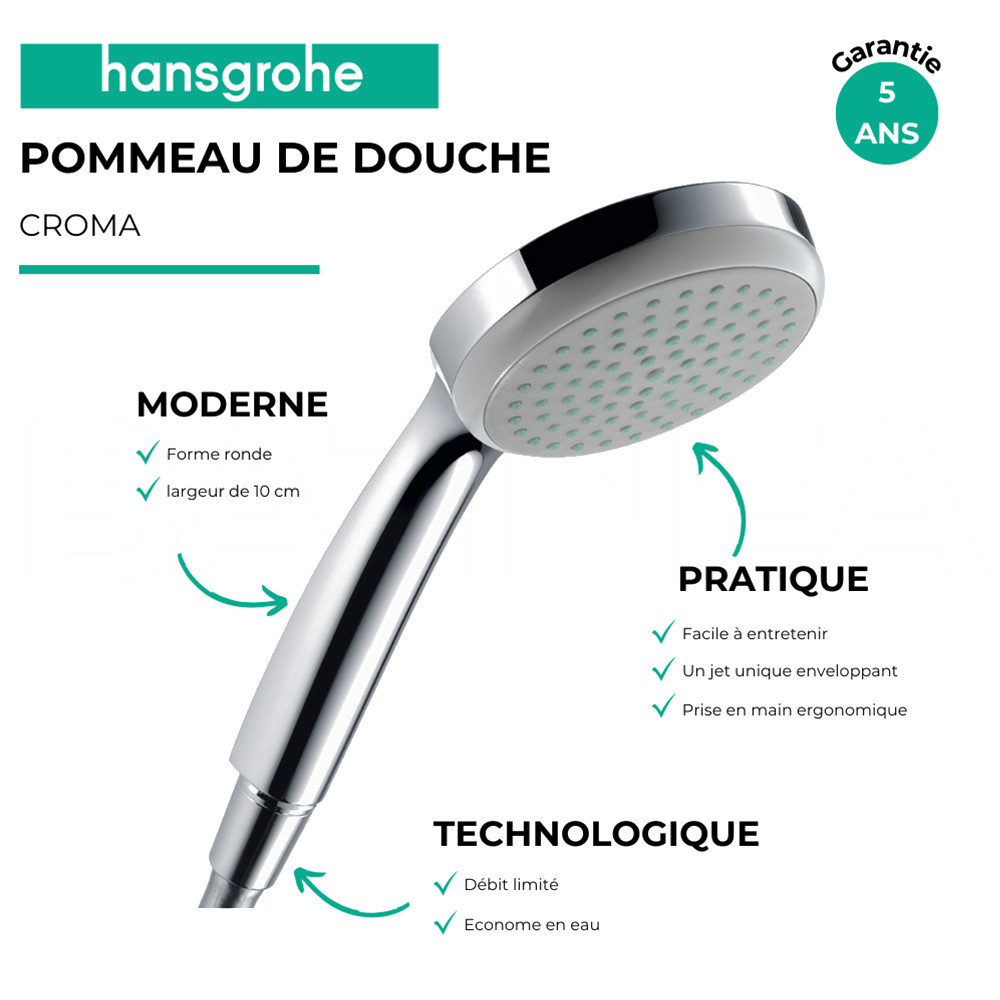 Pommeau de douche HANSGROHE Croma 100 EcoSmart chromé + flexible de douche HANSGROHE