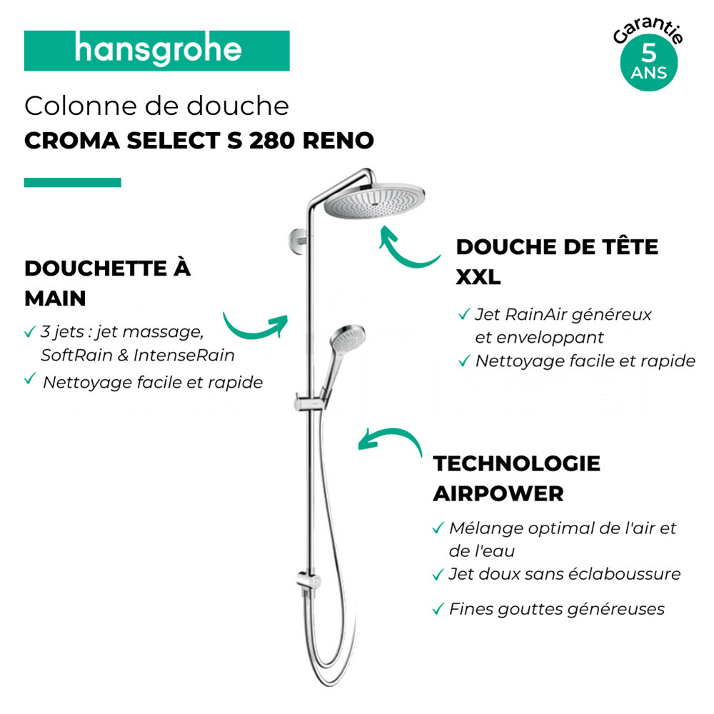 Colonne de douche HANSGROHE Croma Select S 280 Reno chromé | Batinea