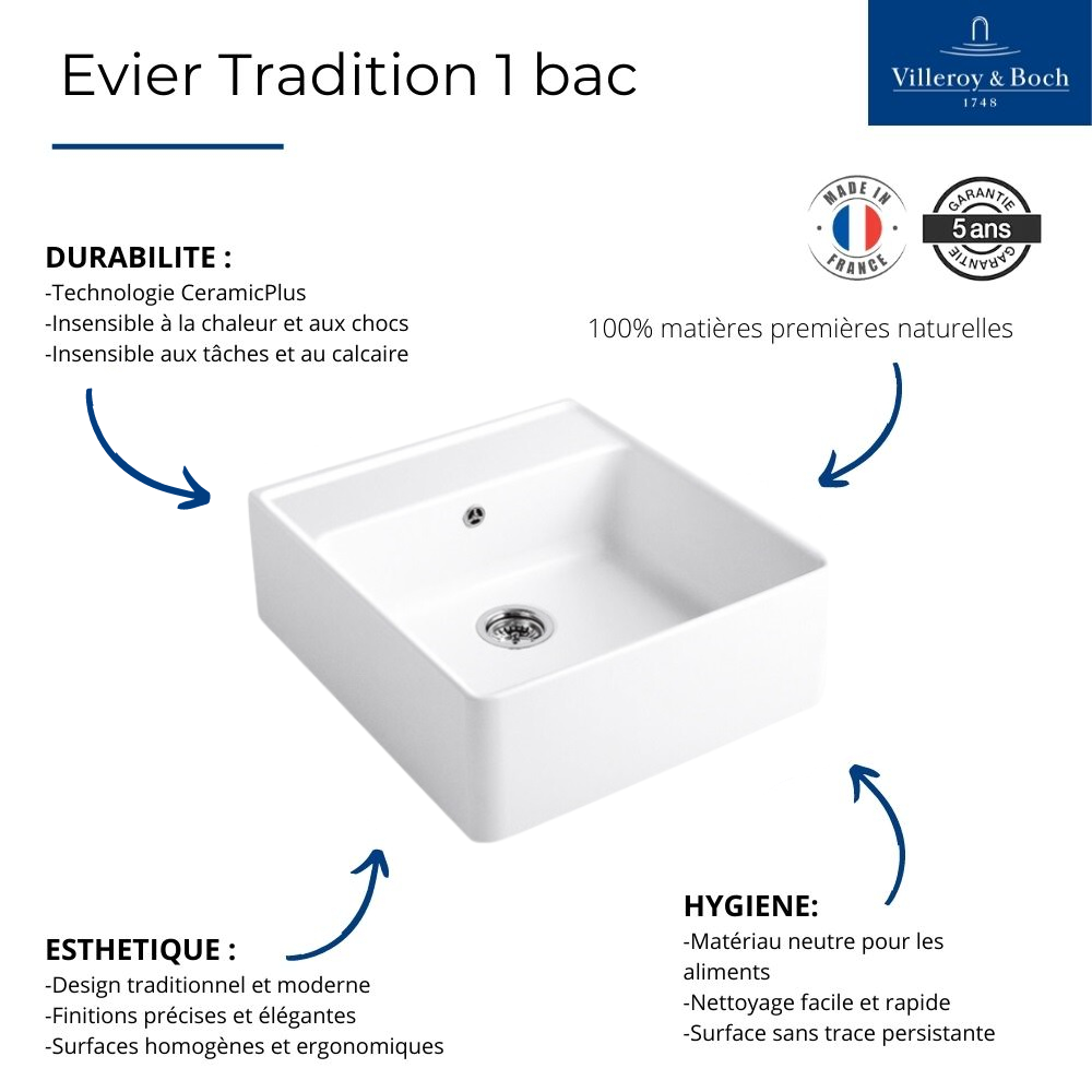 Evier VILLEROY ET BOCH Timbre d'office Tradition 1 cuve vidage auto + Robinet de cuisine Avia 2.0 | Batinea