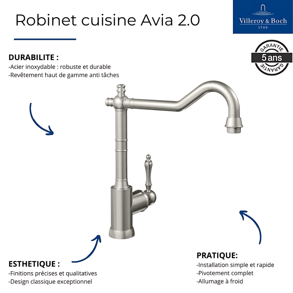 Evier VILLEROY ET BOCH Timbre d'office Tradition 1 cuve vidage auto + Robinet de cuisine Avia 2.0 | Batinea