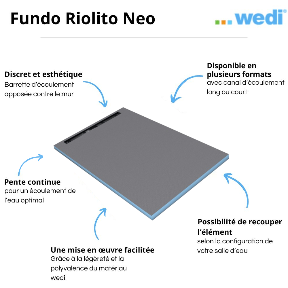 Receveur à carreler WEDI Fundo Riolito Neo + barrette + bonde verticale + kit d'étanchéité et colle 320