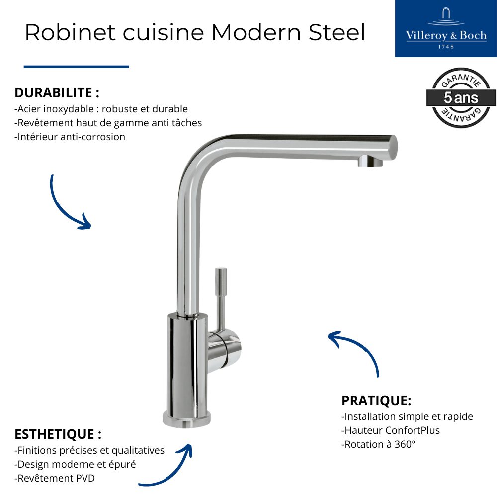 Robinet cuisine VILLEROY ET BOCH Modern Steel | Batinea
