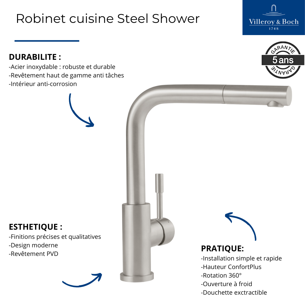 Robinet cuisine VILLEROY ET BOCH Steel Shower | Batinea
