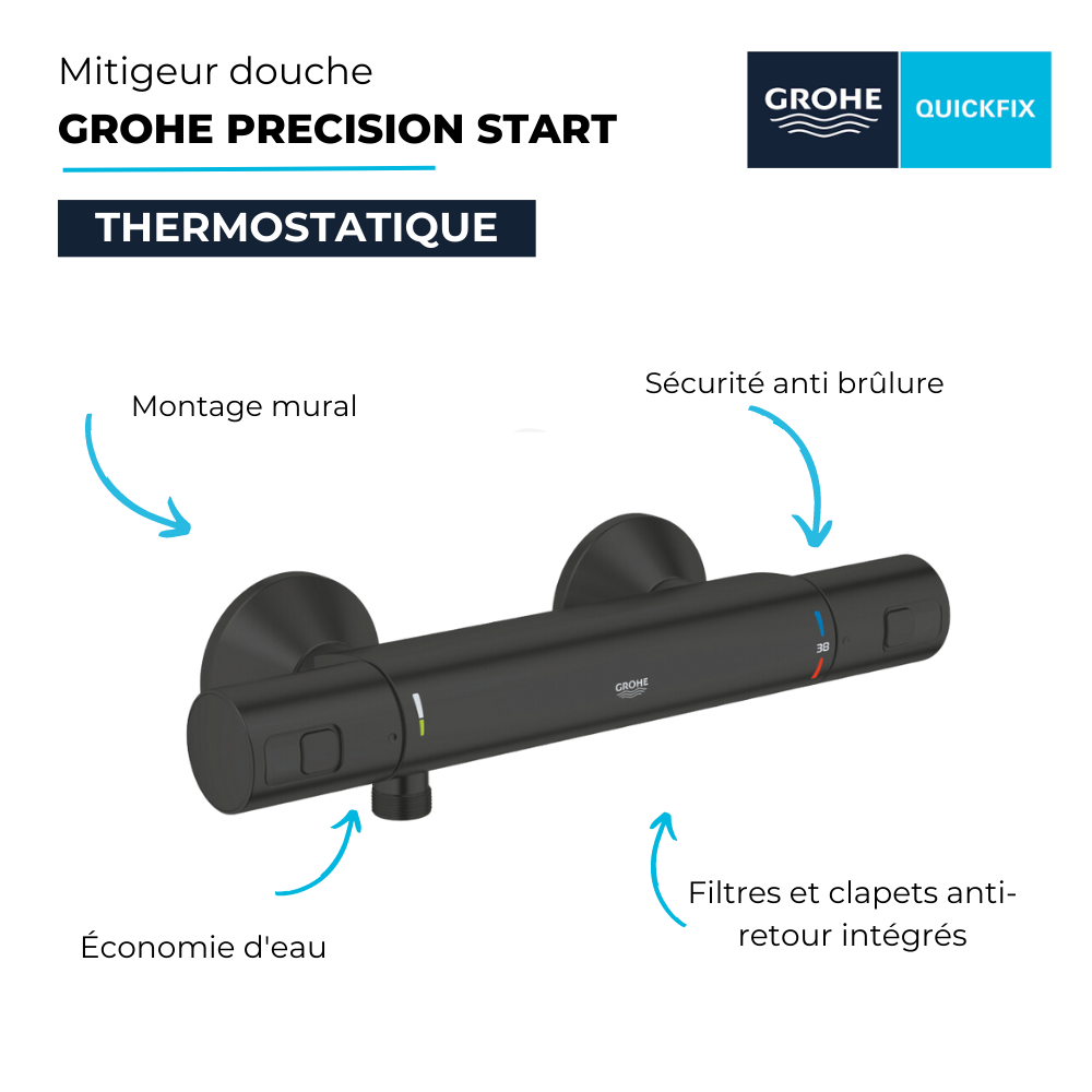 Mitigeur douche thermostatique GROHE Precision Start noir avec ou sans accessoires | Batinea