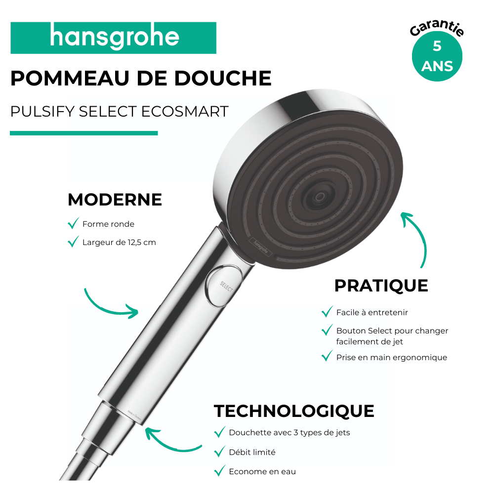Pommeau de douche HANSGROHE Pulsify Select EcoSmart 105 3 jets + flexible de douche HANSGROHE | Batinea