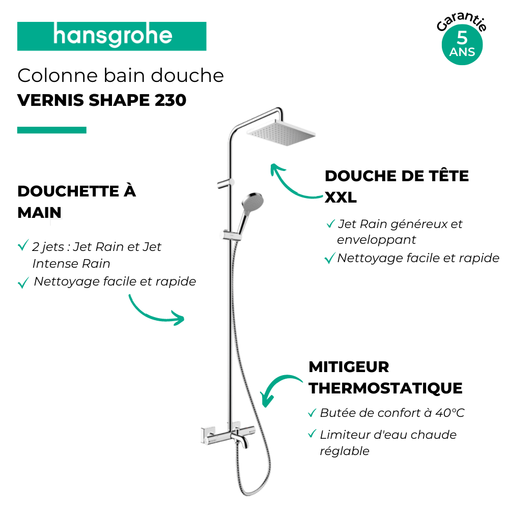 Colonne bain douche thermostatique HANSGROHE Vernis Shape 230 chromé | Batinea