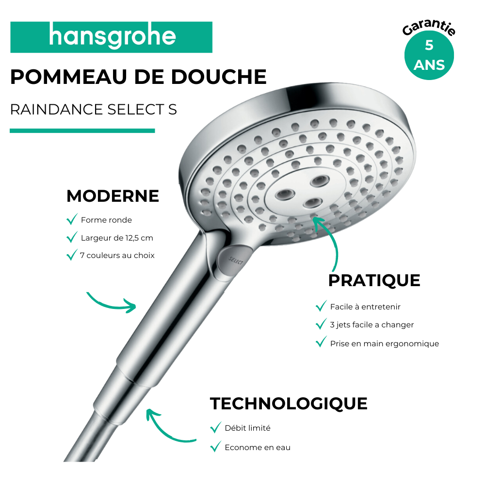 Pommeau de douche HANSGROHE Raindance Select S EcoSmart 120 3 jets |Batinea