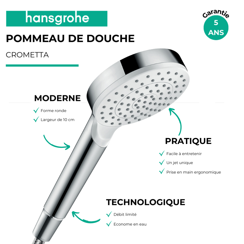 Douchette à main 1jet EcoSmart 9l/min blanc chromé Hansgrohe Crometta 26333400 | Batinea