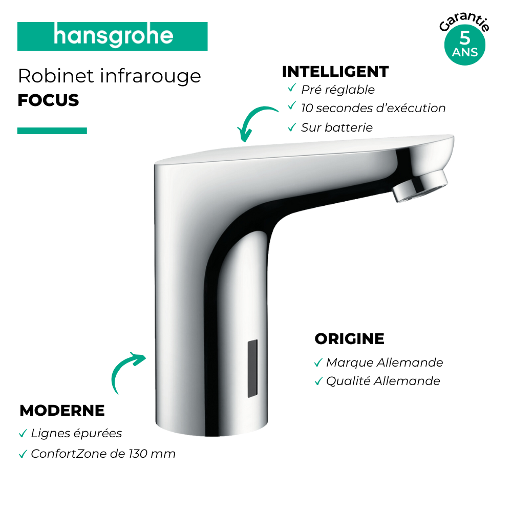 Mitigeur infrarouge HANSGROHE Focus sans manette de réglage sur batterie chromé | Batinea