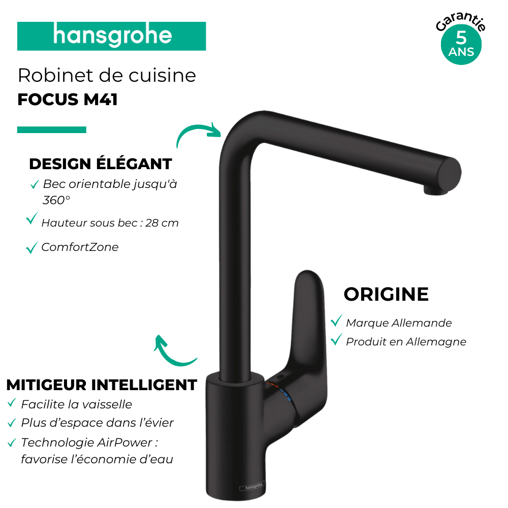 Mitigeur cuisine HANSGROHE Focus M41 280 noir mat  31817670