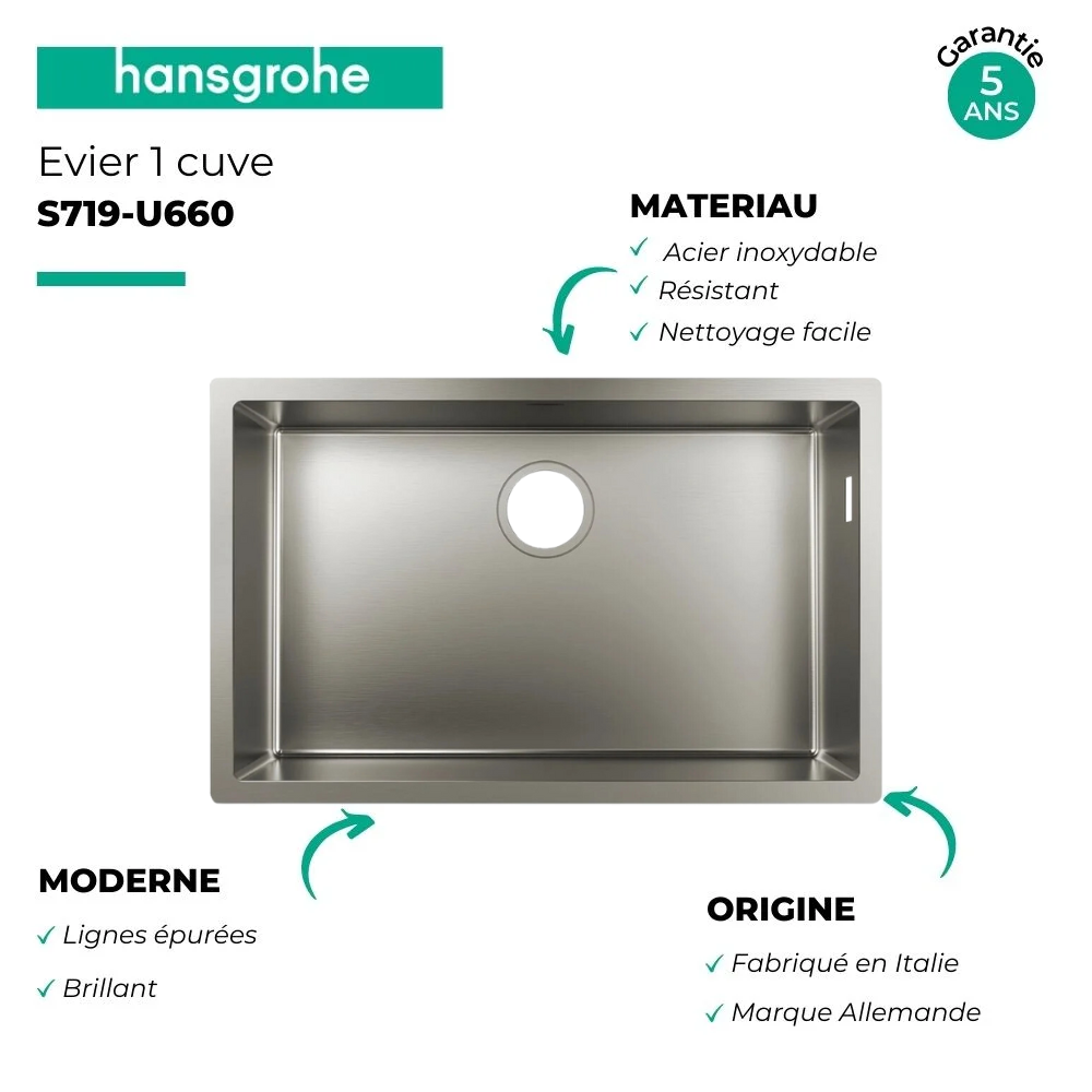 Lot Evier encastré HANSGROHE S719-U660, acier inoxydable + robinet cuisine Aquno sBox M81 2 jets | Batinea