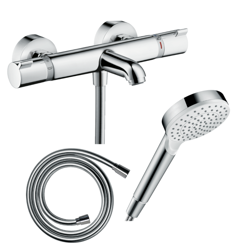 Pack mitigeur bain douche thermostatique HANSGROHE Ecostat Comfort + Flexible 160 cm + Pommeau de douche Vernis Blend 100 EcoSma