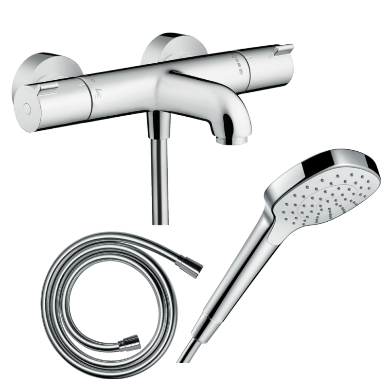 Pack mitigeur bain thermostatique HANSGROHE Ecostat 1001CL + Flexible + Pommeau Croma Select E EcoSmart blanc/chromé | Batinea