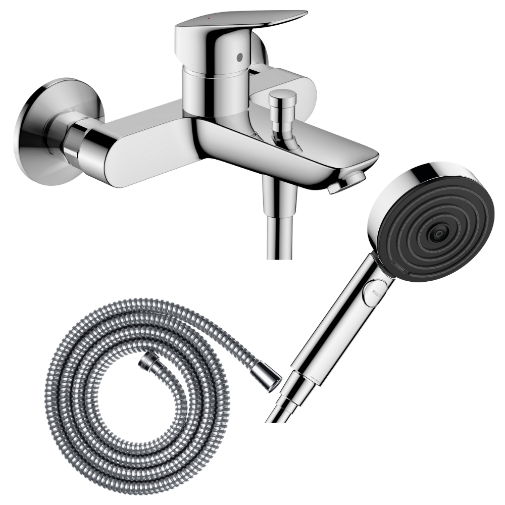 Pack mitigeur bain douche mécanique HANSGROHE Logis + Flexible + Pommeau de douche Pulsify Select EcoSmart 105 3 jets chromé | B