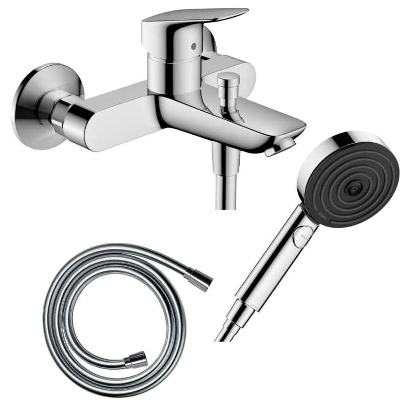 Pack mitigeur bain douche mécanique HANSGROHE Logis + Flexible + Pommeau de douche Pulsify Select EcoSmart 105 3 jets chromé | B
