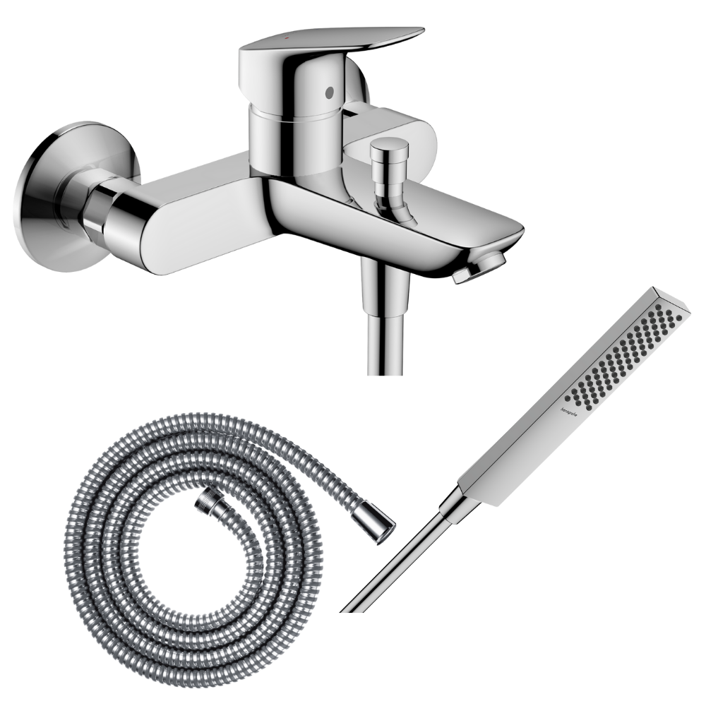Pack mitigeur bain douche mécanique HANSGROHE Logis + Flexible + Pommeau de douche HANSGROHE Pulsify E 100 EcoSmart chromé | Bat
