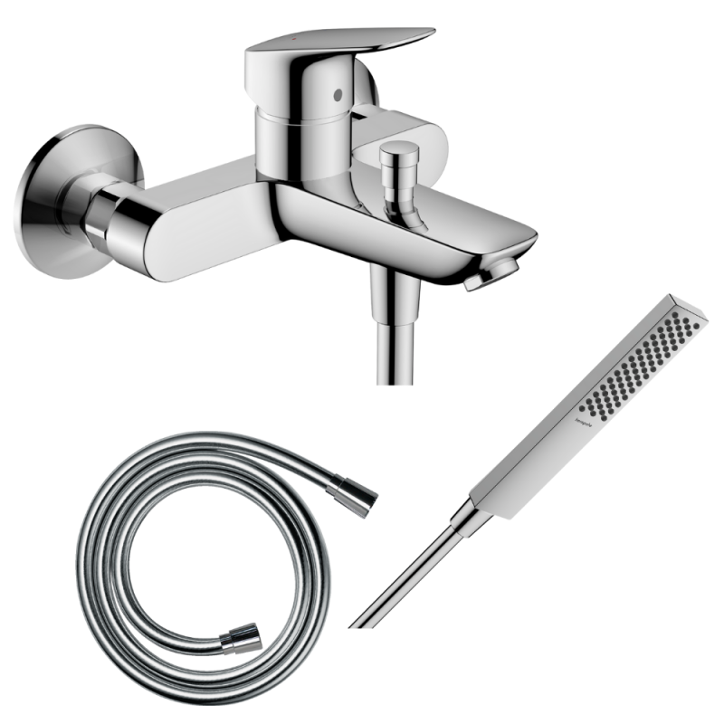 Pack mitigeur bain douche mécanique HANSGROHE Logis + Flexible + Pommeau de douche HANSGROHE Pulsify E 100 EcoSmart chromé | Bat