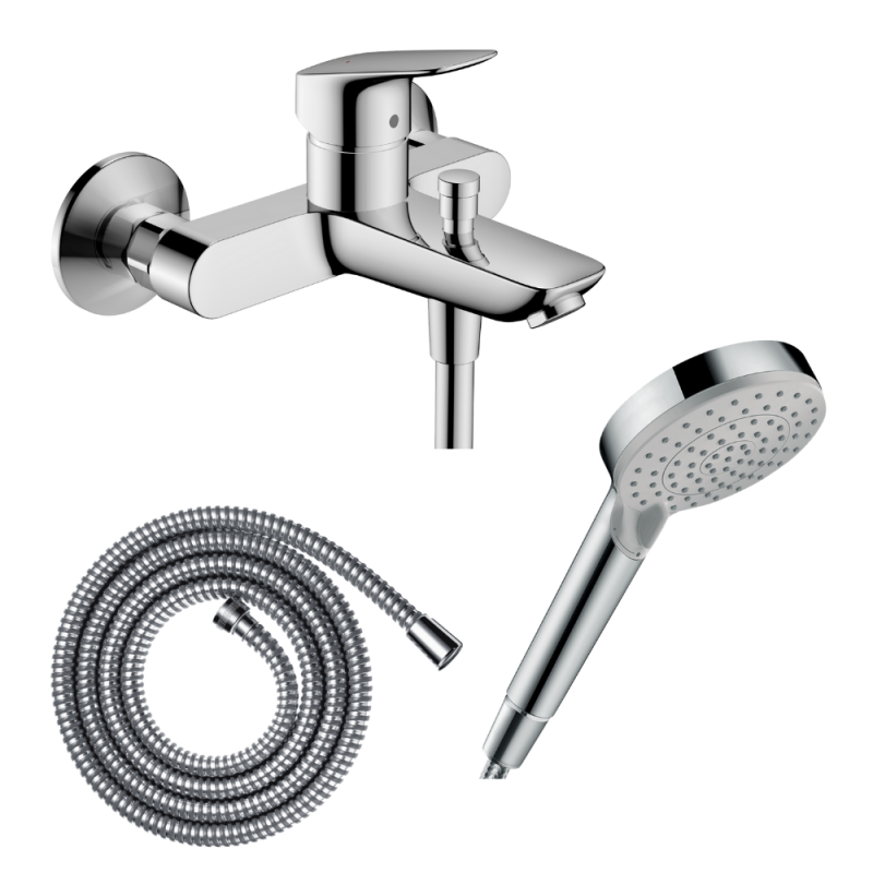 Pack mitigeur bain douche mécanique HANSGROHE Logis + Flexible + Pommeau de douche Vernis Blend 100 EcoSmart chromé | Batinea