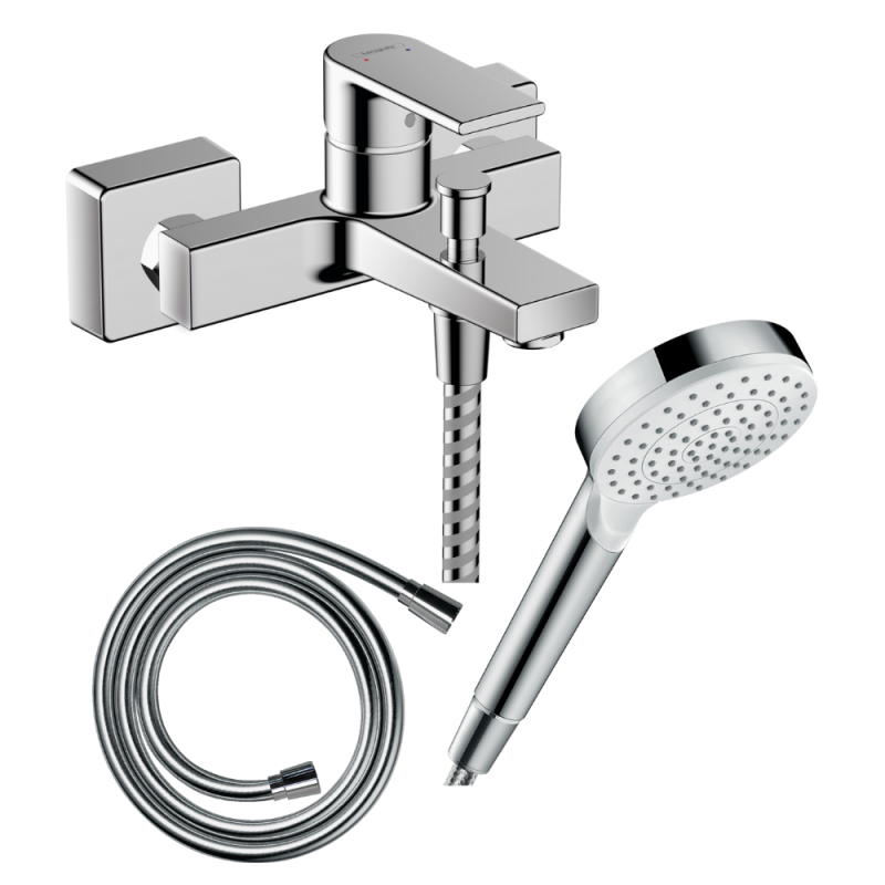 Pack mitigeur bain douche mécanique HANSGROHE Vernis Shape C2 + Flexible + Pommeau de douche Vernis Blend 100 EcoSmart chromé | 