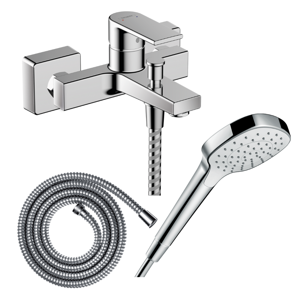 Pack mitigeur bain douche mécanique HANSGROHE Vernis Shape C2 + Flexible + Pommeau de douche Croma Select E EcoSmart blanc/chrom