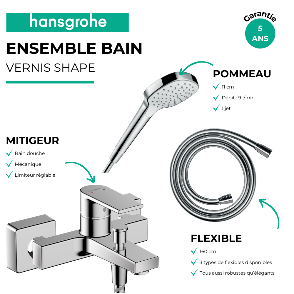 Pack mitigeur bain douche mécanique HANSGROHE Vernis Shape C2 + Flexible + Pommeau de douche Croma Select E EcoSmart blanc/chrom