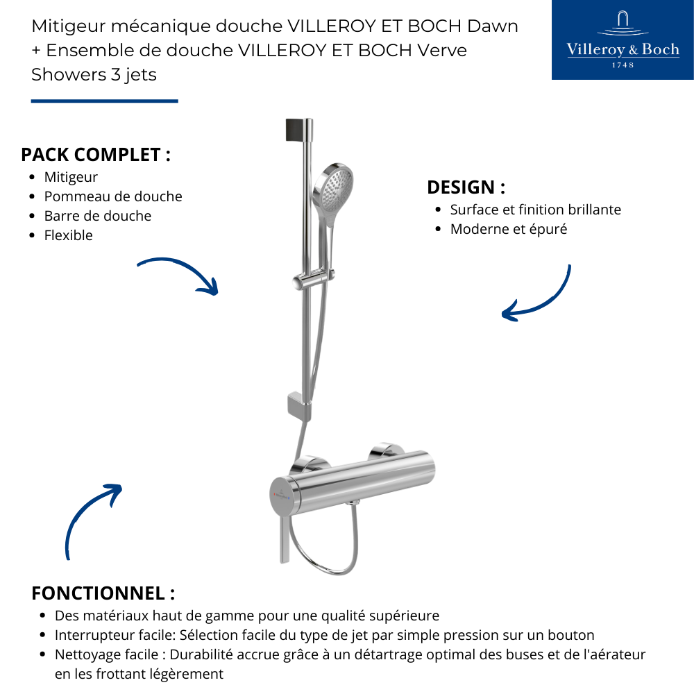 Mitigeur mécanique douche VILLEROY ET BOCH Dawn + Ensemble de douche VILLEROY ET BOCH Verve Showers 3 jets | Batinea