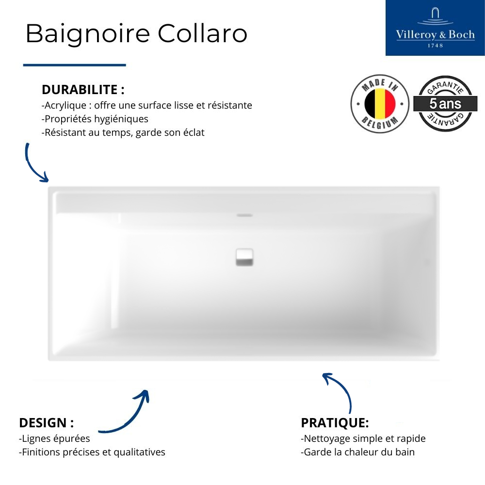 Les points forts Baignoire droite VILLEROY ET BOCH Collaro acrylique