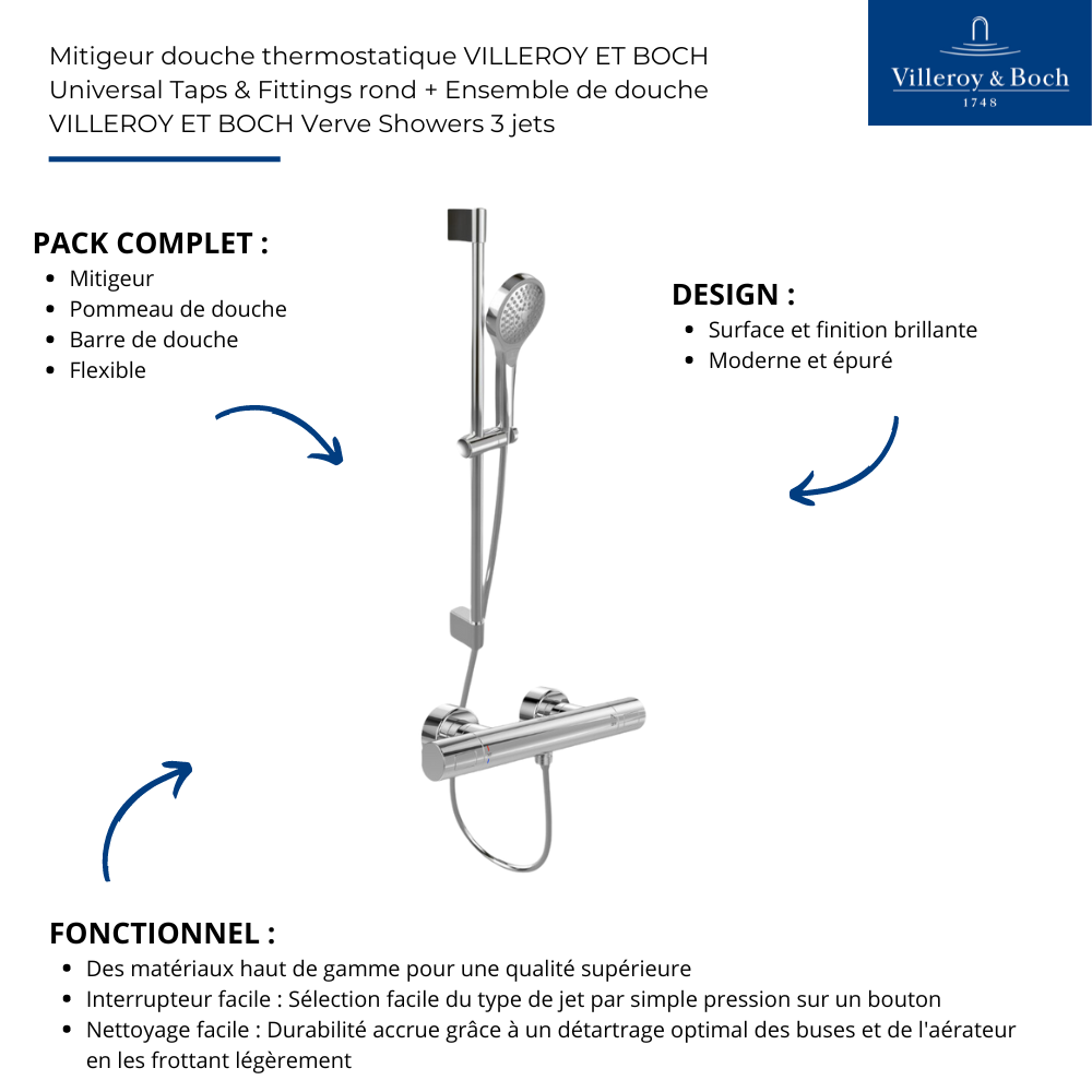 Mitigeur douche thermostatique VILLEROY ET BOCH Universal Taps & Fittings rond + Ensemble de douche VILLEROY ET BOCH Verve Showe