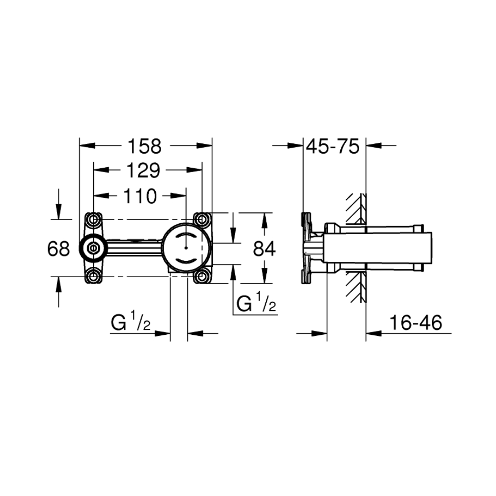 Schéma technique du corps encastré spécalement conçu pour Mitigeur mural lavabo GROHE Essence Taille M