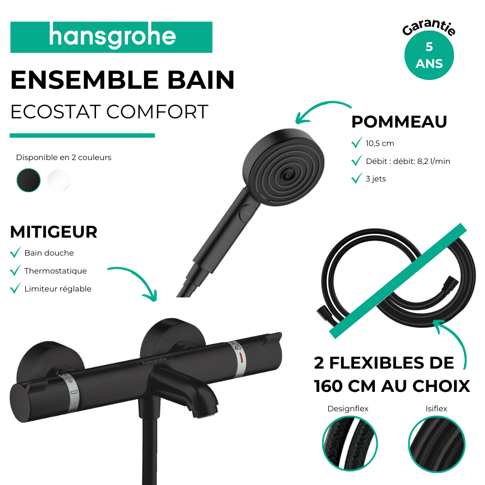 Pack mitigeur bain douche thermostatique HANSGROHE Ecostat Comfort + Flexible + Pommeau de douche Pulsify Select 3jets Relaxatio