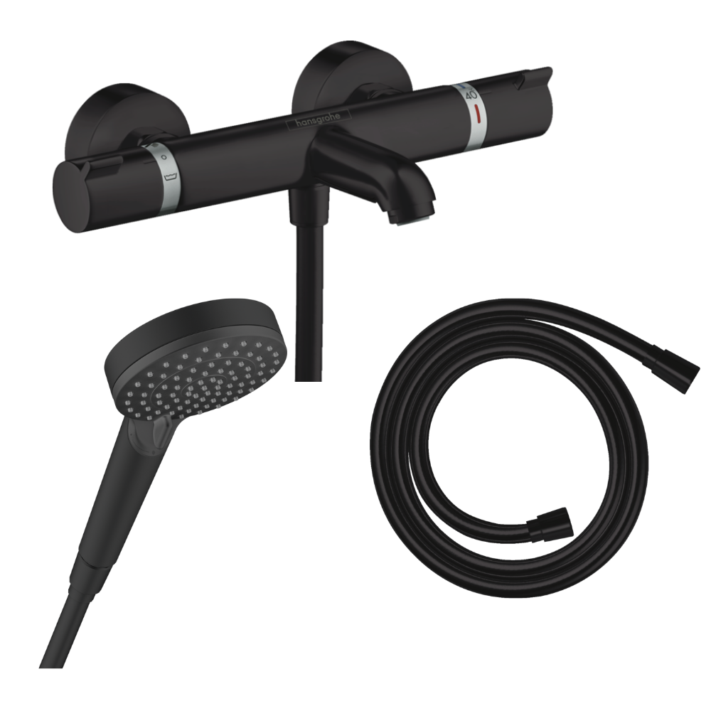 Pack mitigeur bain douche thermostatique HANSGROHE Ecostat Comfort  + Flexible + Pommeau de douche Vernis Blend Vario noir mat |