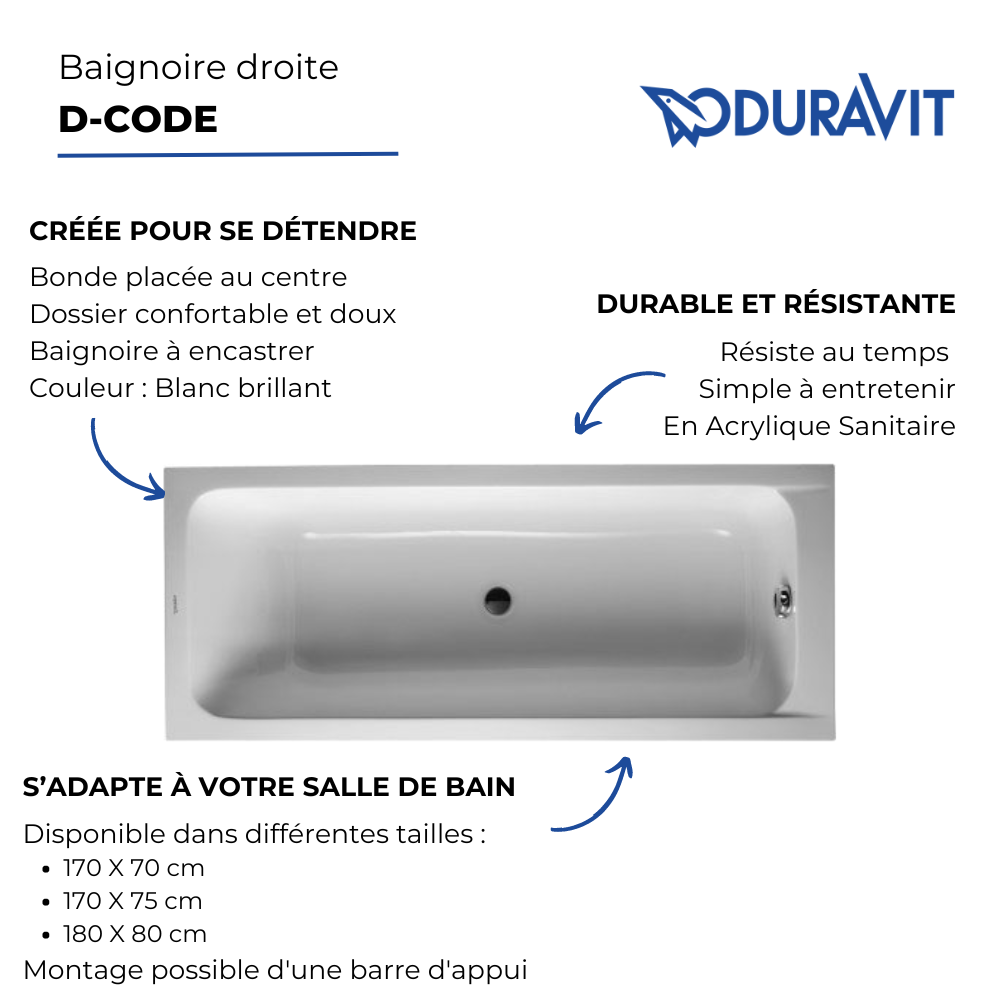 Baignoire droite DURAVIT D-Code bonde au centre | Batinea