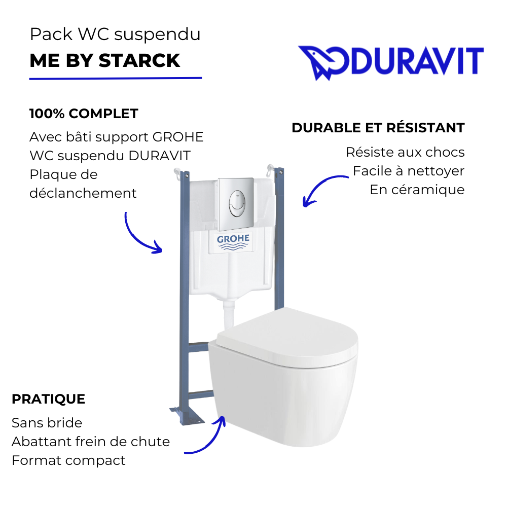 Pack WC suspendu sans bride compact DURAVIT Me by Starck + bâti support GROHE Rapid SL Projet + abattant + plaque  | Batinea