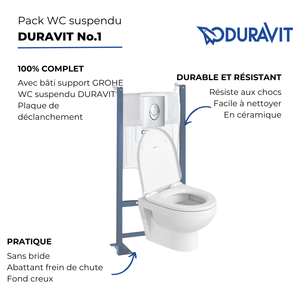 Pack WC suspendu sans bride compact DURAVIT Duravit No.1 + bâti support GROHE Rapid SL Projet + abattant + plaque  | Batinea