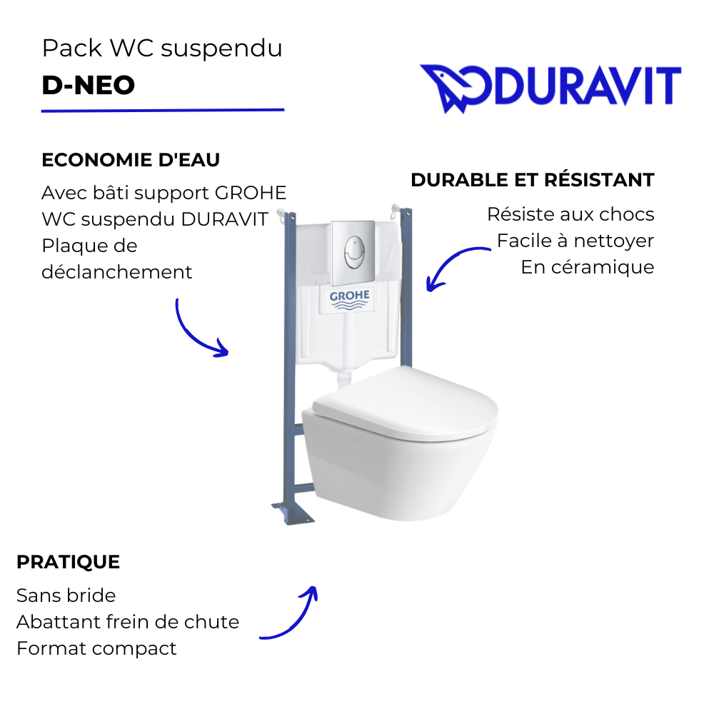 Pack WC suspendu sans bride compact DURAVIT D-Neo + bâti support GROHE Rapid SL Projet + abattant + plaque  | Batinea