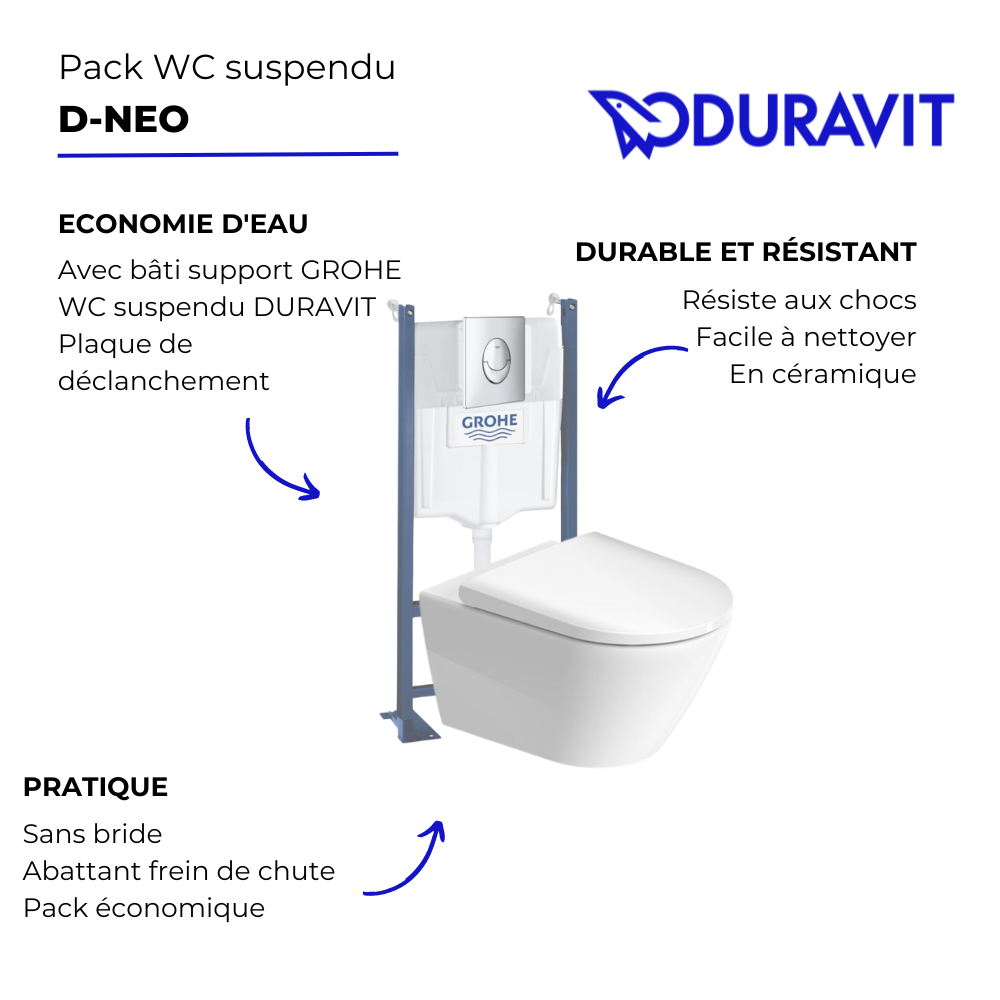 Pack WC suspendu sans bride DURAVIT D-Neo + bâti support GROHE Rapid SL Projet + abattant + plaque  | Batinea