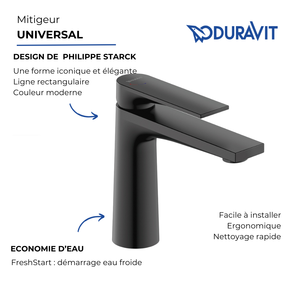 Mitigeur lavabo DURAVIT Tulum Freshstart noir mat sans tirette ni vidage | Batinea