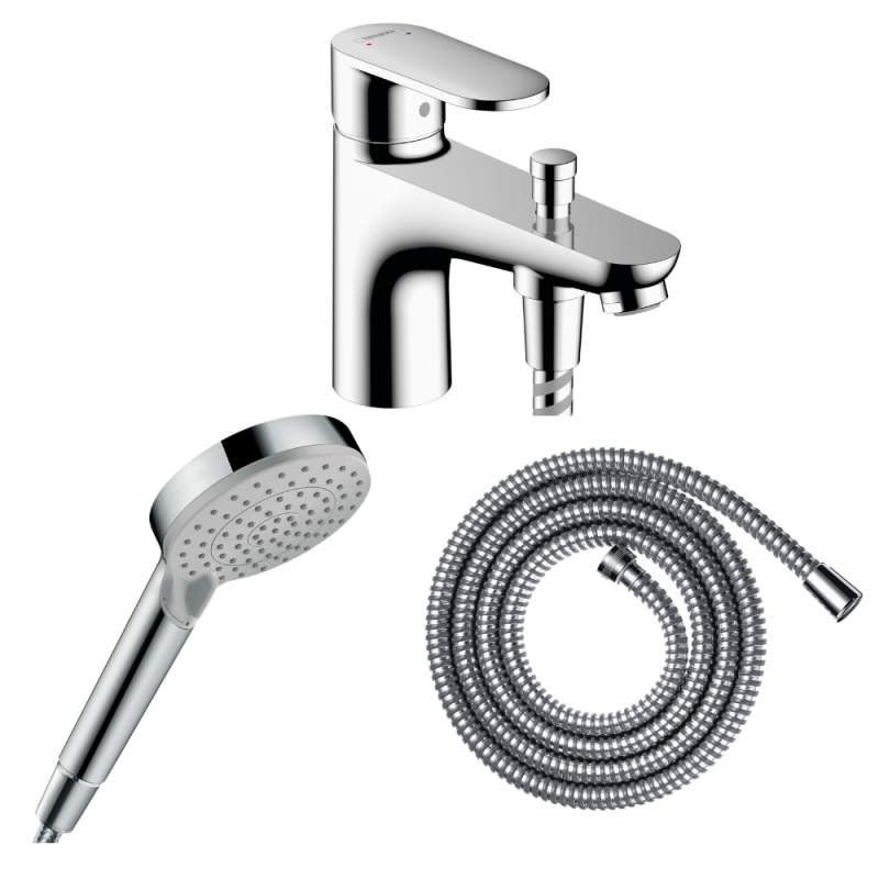 Pack mitigeur bain douche monotrou HANSGROHE Vernis Blend + Flexible + Pommeau HANSGROHE blanc/chromé | Batinea