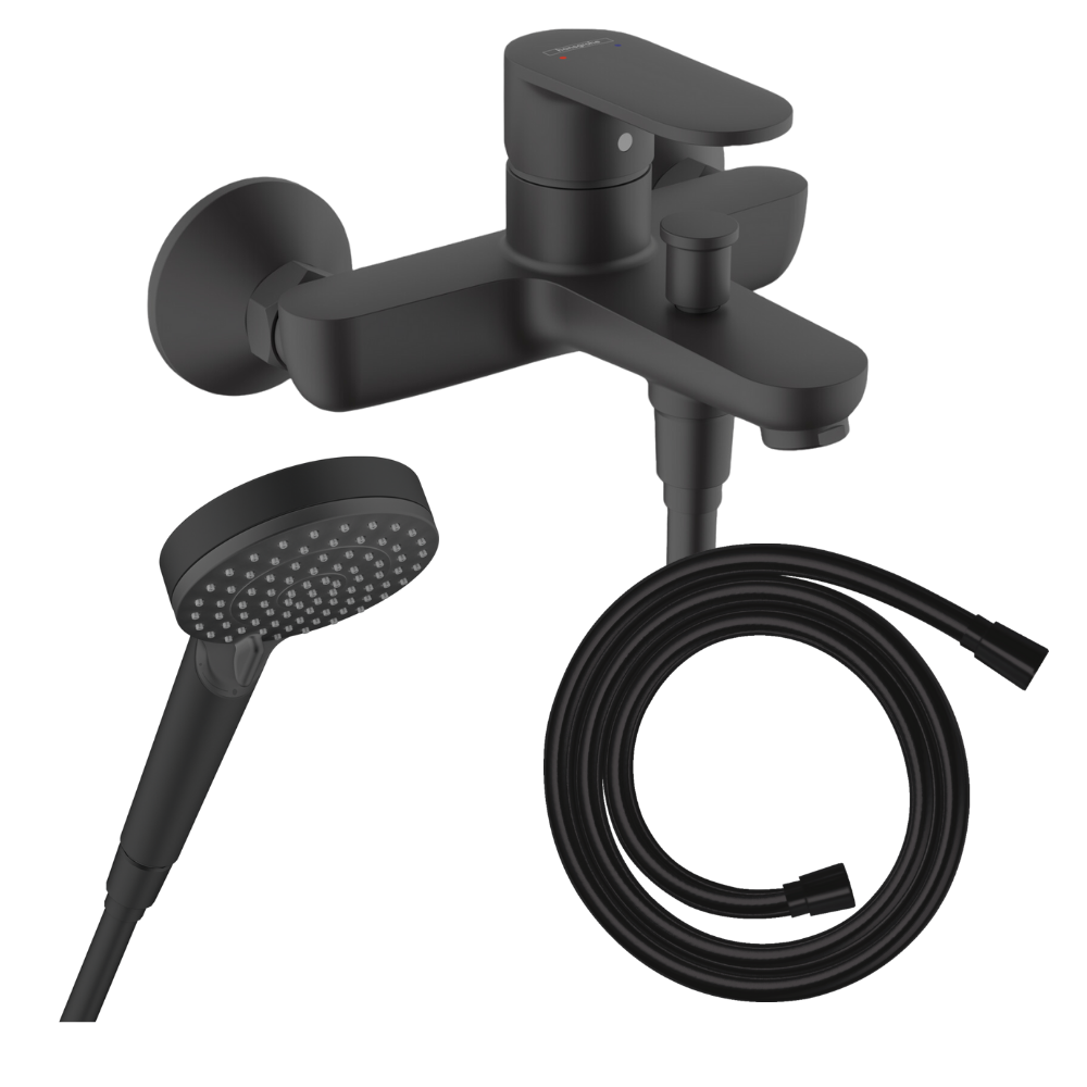 Pack mitigeur bain douche HANSGROHE Vernis Blend + Flexible + Pommeau HANSGROHE noir mat | Batinea
