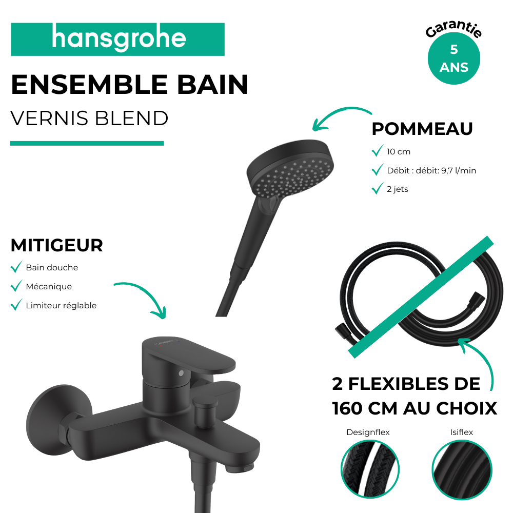 Pack mitigeur bain douche HANSGROHE Vernis Blend + Flexible + Pommeau HANSGROHE noir mat | Batinea