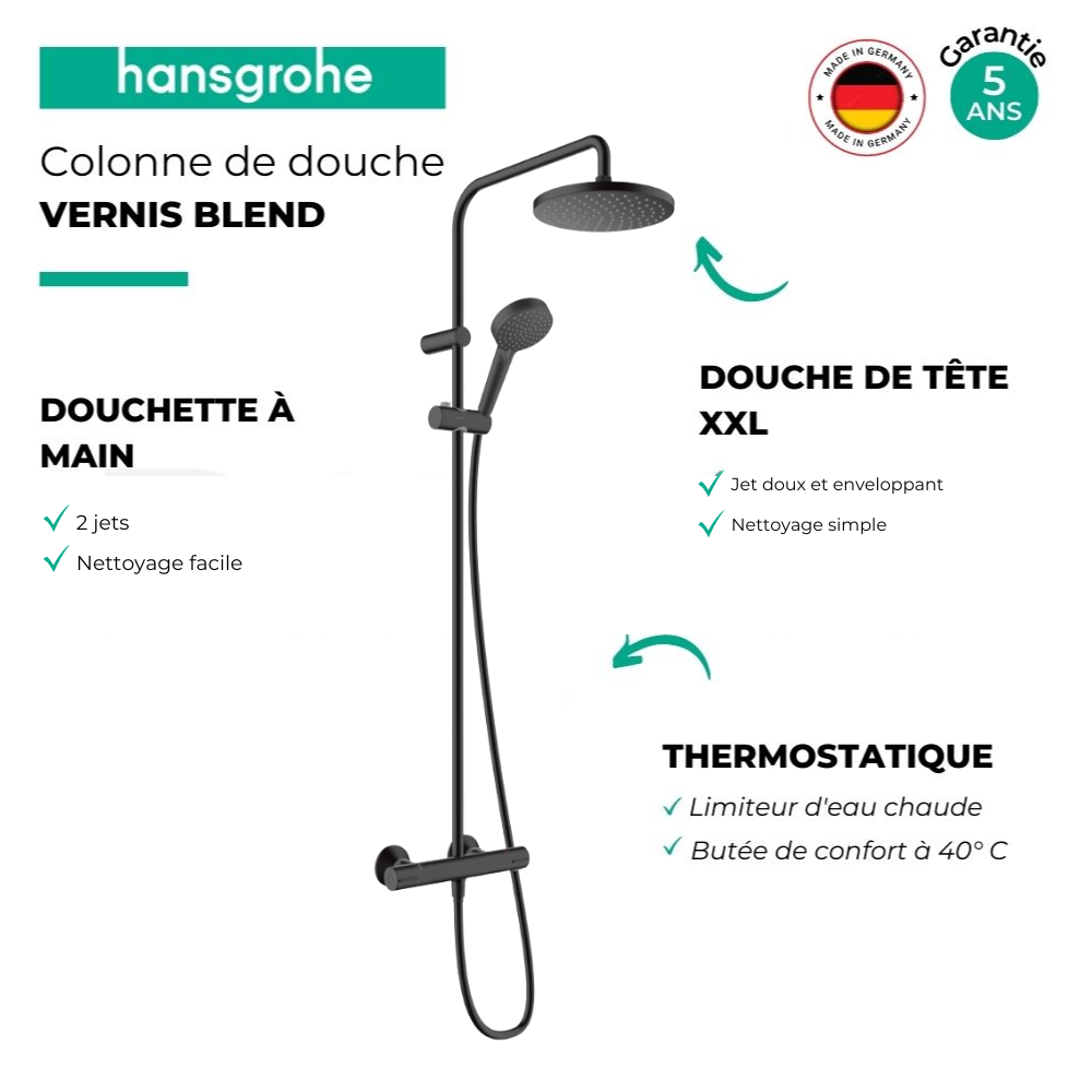 Colonne douche thermostatique HANSGROHE Vernis Blend 2 jets | Batinea
