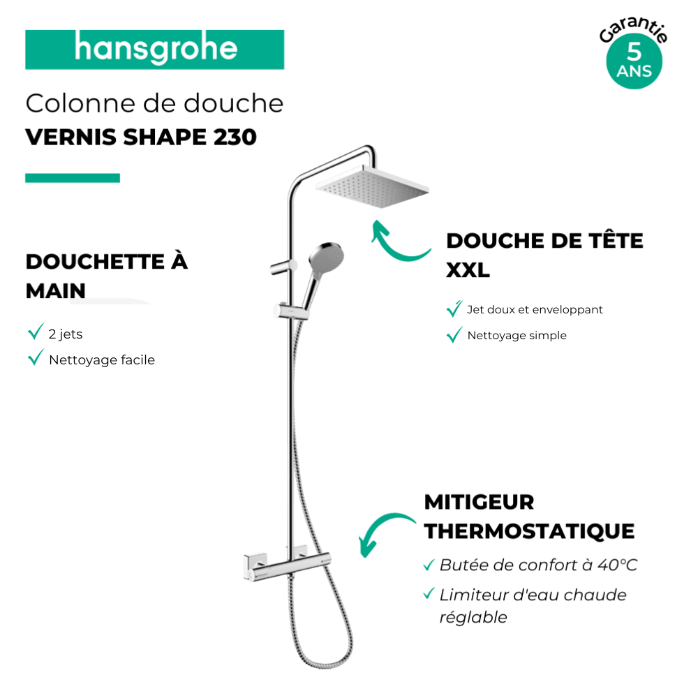 Colonne de douche thermostatique HANSGROHE Vernis Shape 230 chromé | Batinea