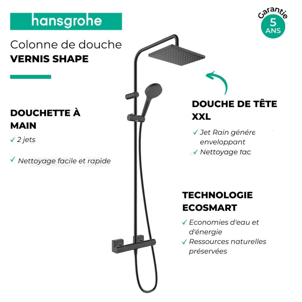 Colonne douche thermostatique HANSGROHE Vernis Shape à économie d'eau, noir mat | Batinea